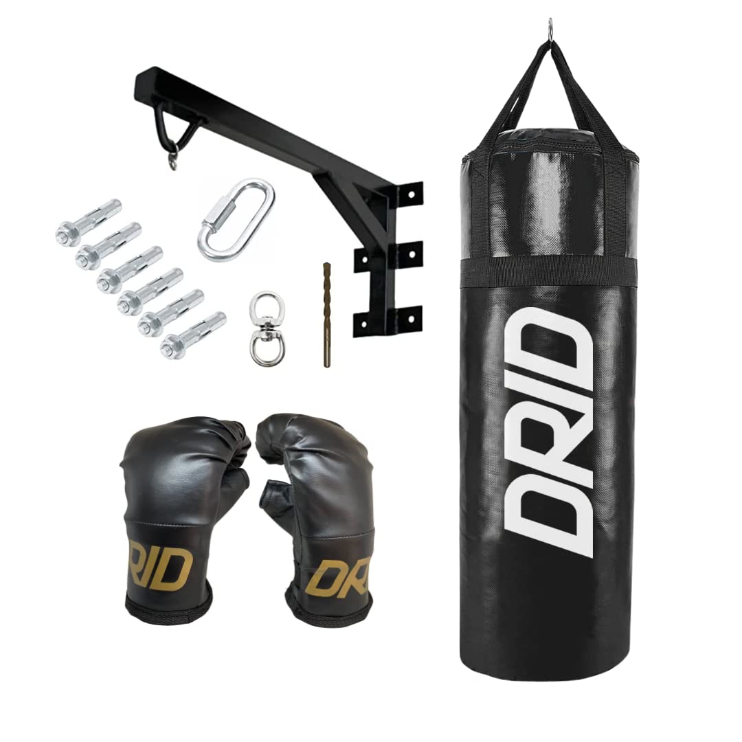Drid Basics Boxeo Completo Saco Costal de Box Lleno de con Soporte Premium de Pared + Kit Instalación y Enganche Incluidos Pared, Negro, Mayores 12 años
