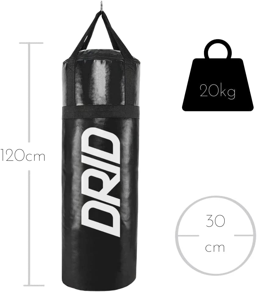 Drid Basics Boxeo Completo Saco Costal de Box Lleno de con Soporte Premium de Pared + Kit Instalación y Enganche Incluidos Pared, Negro, Mayores 12 años