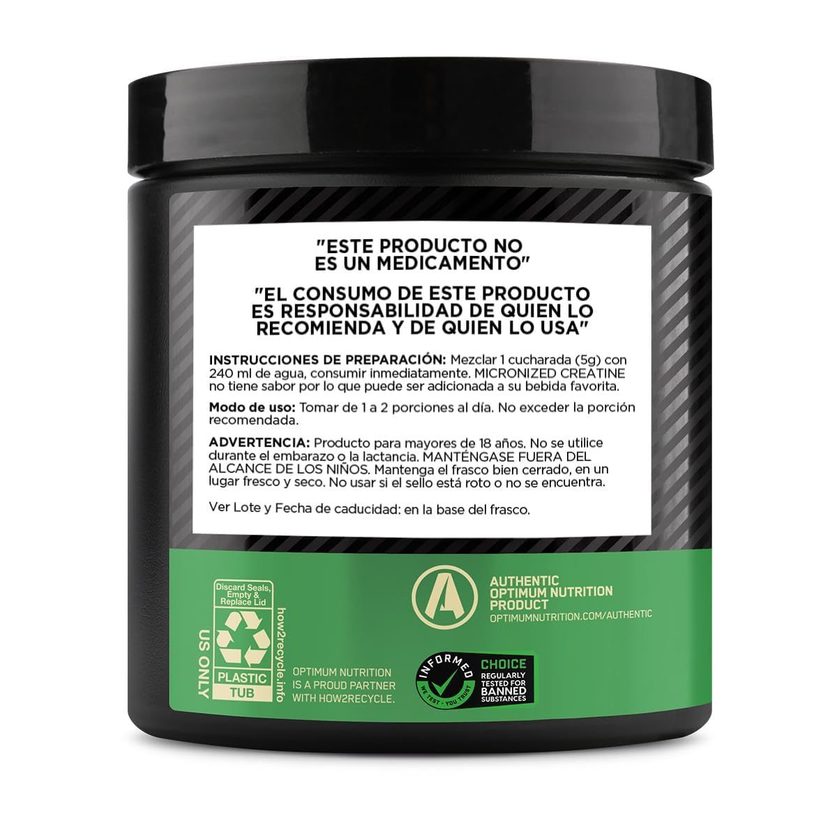ON Creatina en Polvo Sin Sabor 300G, Optimum Nutrition 60 Servicios