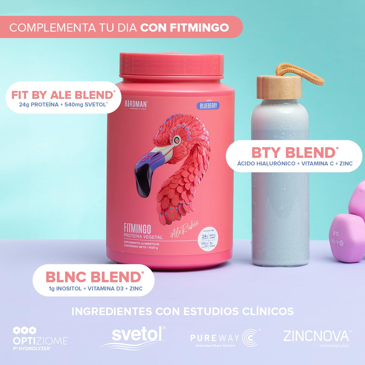 Birdman Fitmingo: Proteína Vegana con Fit, Beauty y Balance Blends. Con Ácido Hialurónico, Inositol, Potenciadores de Colágeno, Vitamina C, Vitamina D3, Zinc, Enzimas Digestivas y Svetol. Sabor Moka 1.02kg