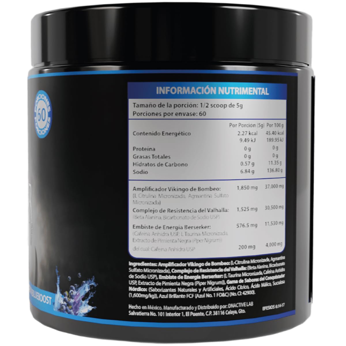 Pre Workout Pre Entrenamiento VIKING ForzaTech 60 servicios Sabor Blueboost Precursor de Óxido Nítrico con Cafeína USP, Citrulina, Beta Alanina, Agmantina Sulfato, L-Taurina Micronizada