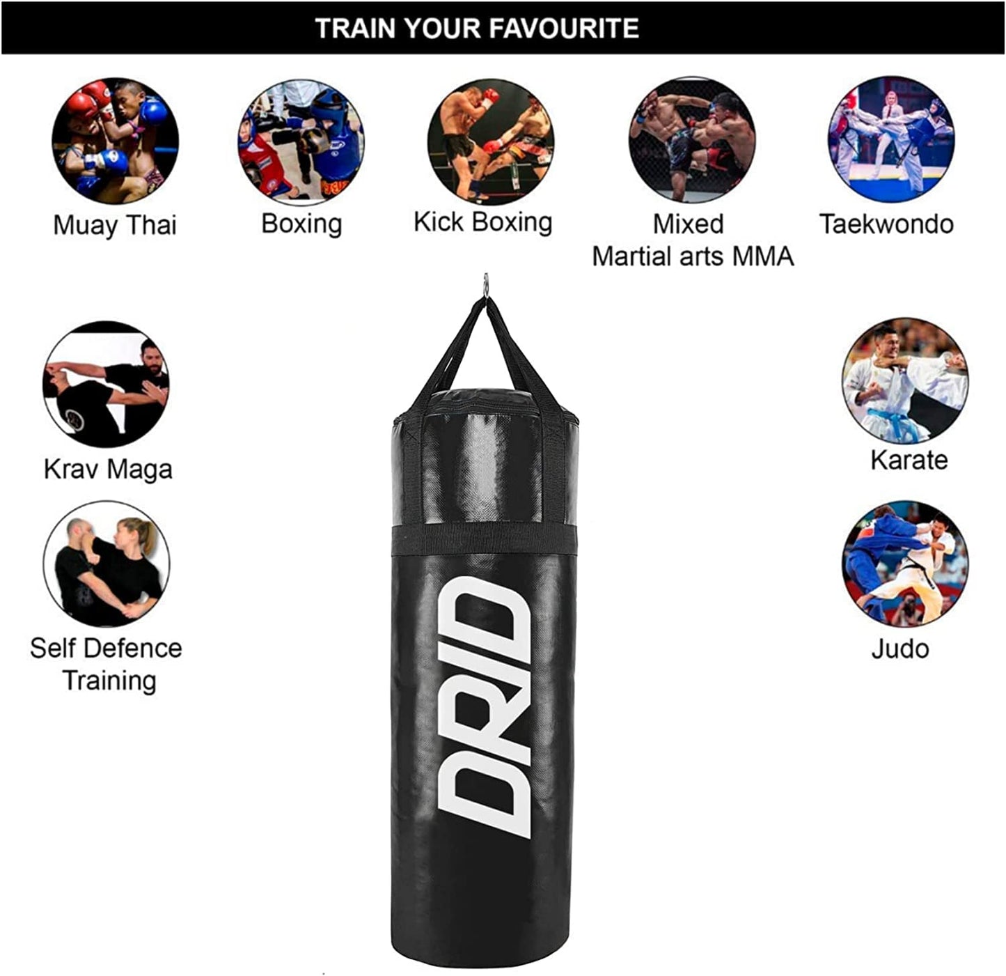 Drid Basics Boxeo Completo Saco Costal de Box Lleno de con Soporte Premium de Pared + Kit Instalación y Enganche Incluidos Pared, Negro, Mayores 12 años