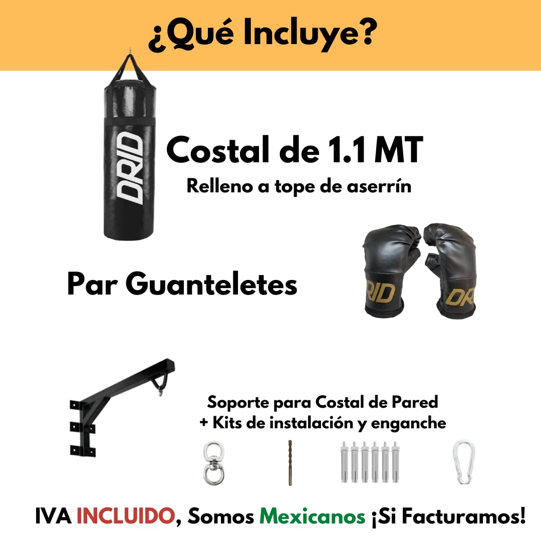 Drid Basics Boxeo Completo Saco Costal de Box Lleno de con Soporte Premium de Pared + Kit Instalación y Enganche Incluidos Pared, Negro, Mayores 12 años