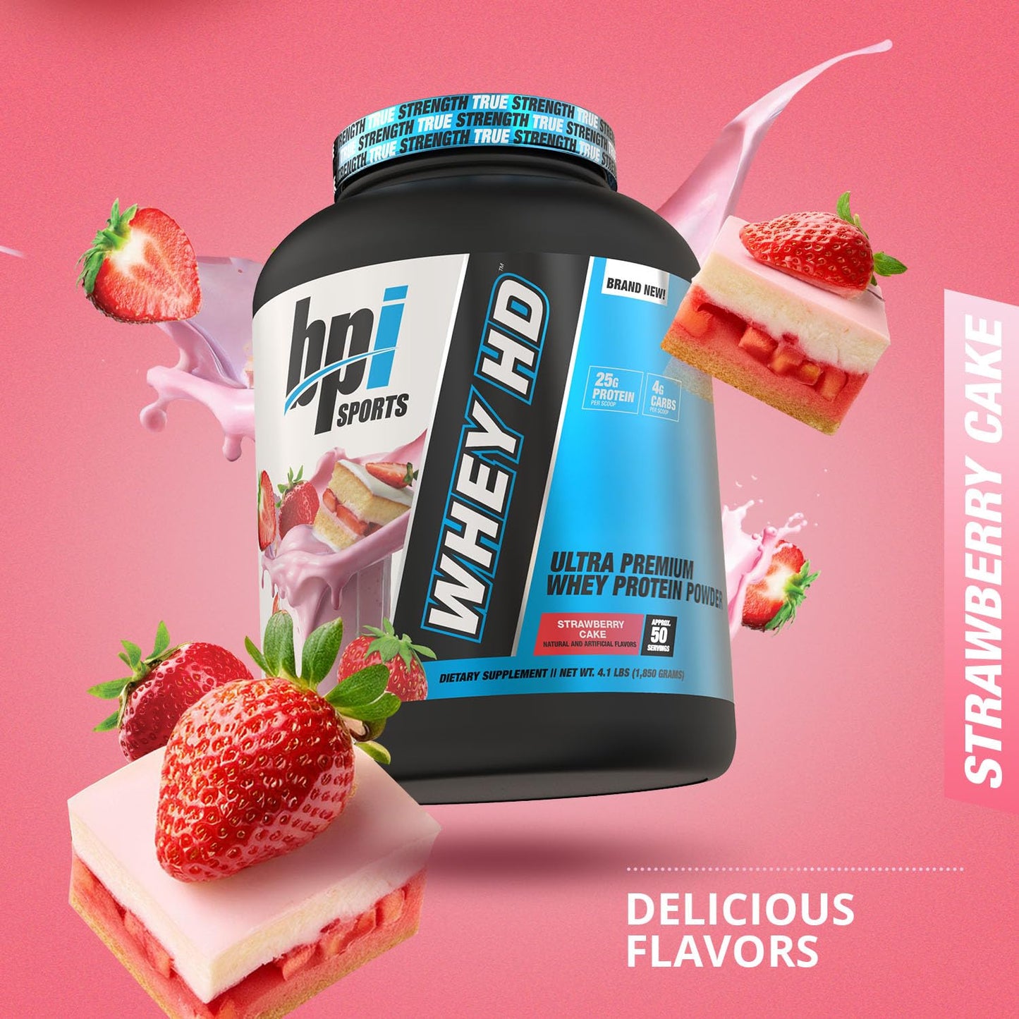 BPI Sports | Whey HD Ultra Premium Protein Powder | 50 ser (Pastel de Fresa)