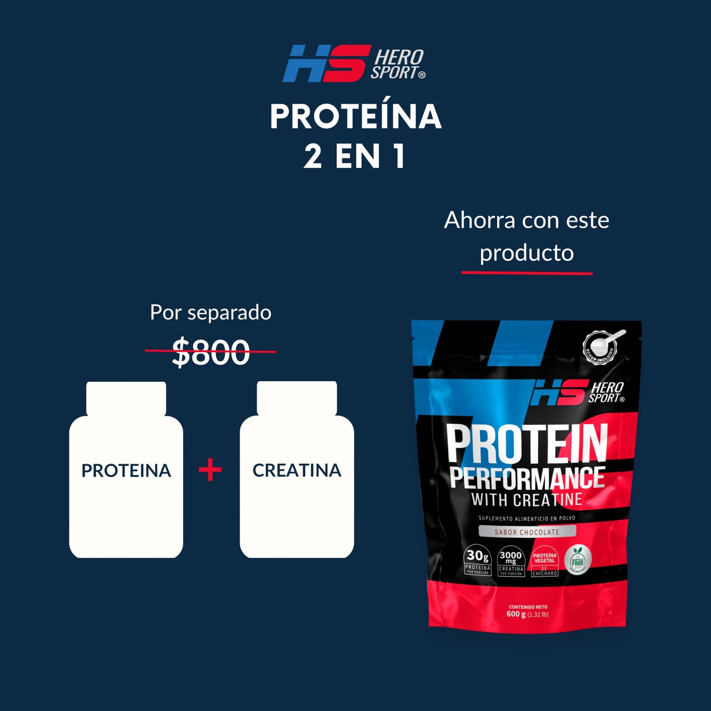 HS HERO SPORT Proteina Chocolate 600g con Creatina. Proteina Vegana 30g, Creatina Monohidratada 3g. 45 Porciones, Scoop Incluído dentro del envase, Bottle Free.