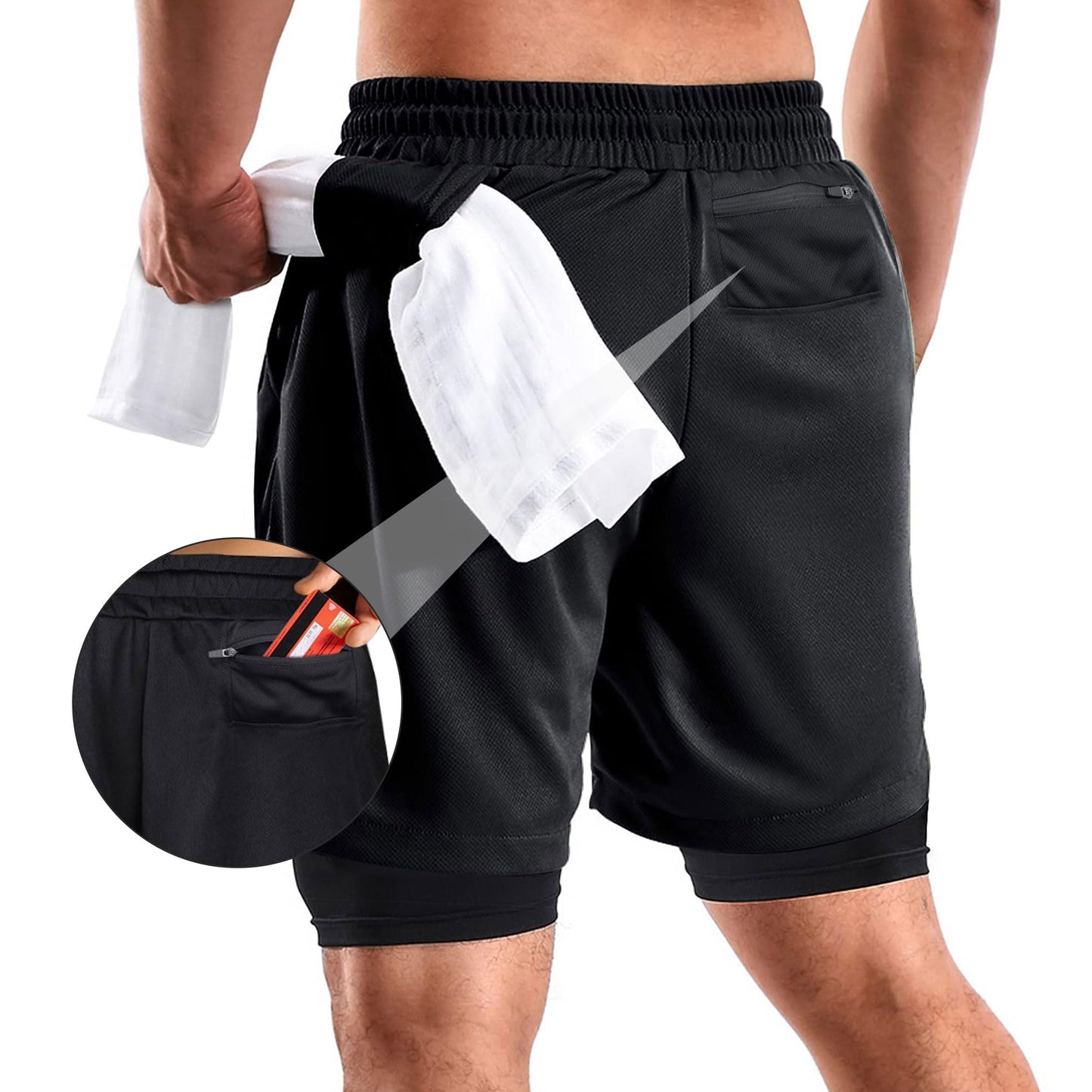 Paquete de 2 Shorts Deportivos Hombre, Pantalones Cortos para Correr 2 en 1, con Bolsillo, Secado Rápido y Transpirable, Pantalón Cortos Casual Hombre con Licra, para Running, Gym, Entrenamiento-L