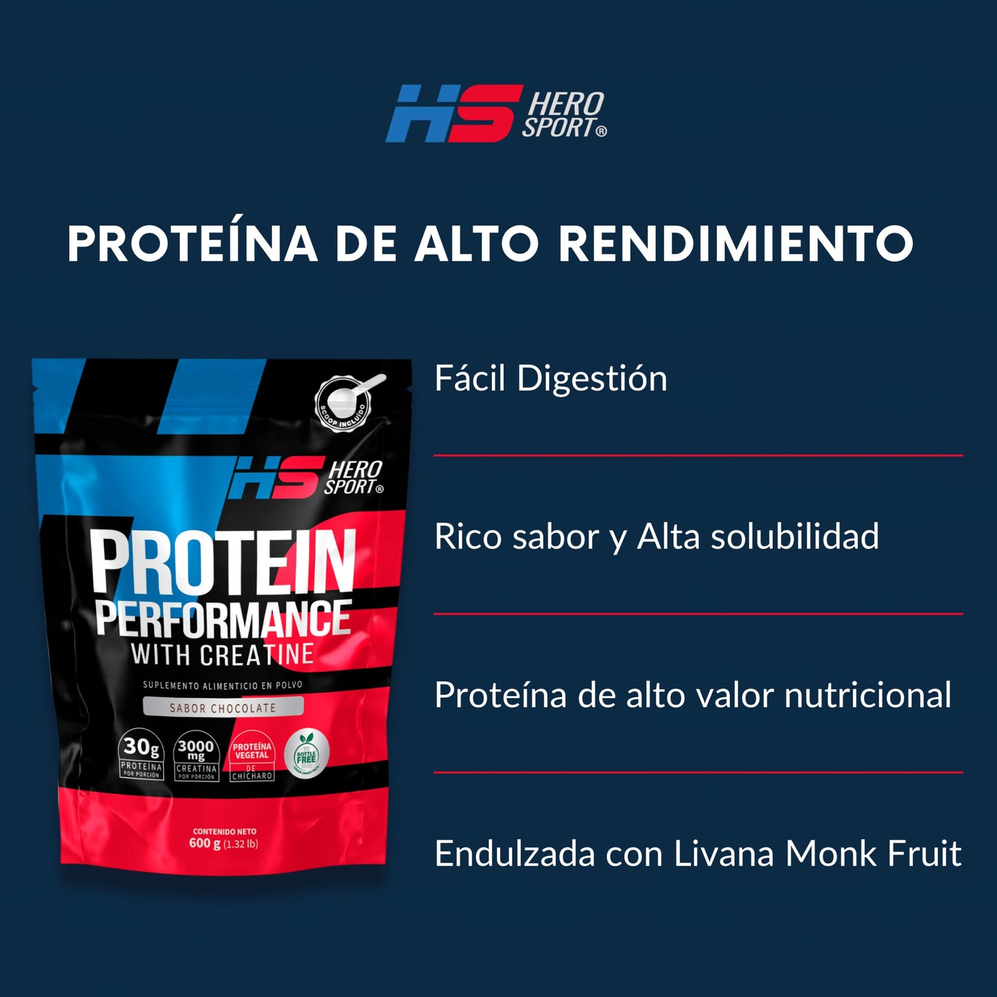 HS HERO SPORT Proteina Chocolate 600g con Creatina. Proteina Vegana 30g, Creatina Monohidratada 3g. 45 Porciones, Scoop Incluído dentro del envase, Bottle Free.