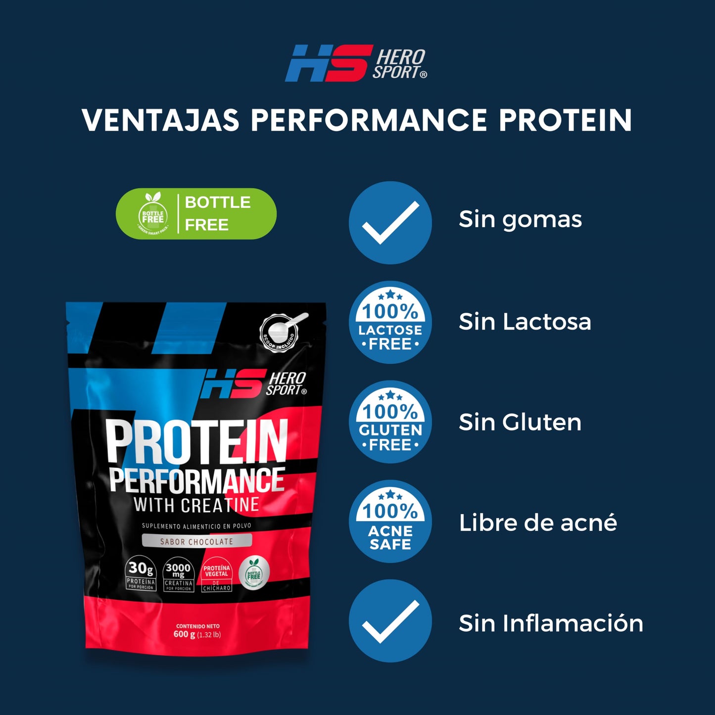 HS HERO SPORT Proteina Chocolate 600g con Creatina. Proteina Vegana 30g, Creatina Monohidratada 3g. 45 Porciones, Scoop Incluído dentro del envase, Bottle Free.