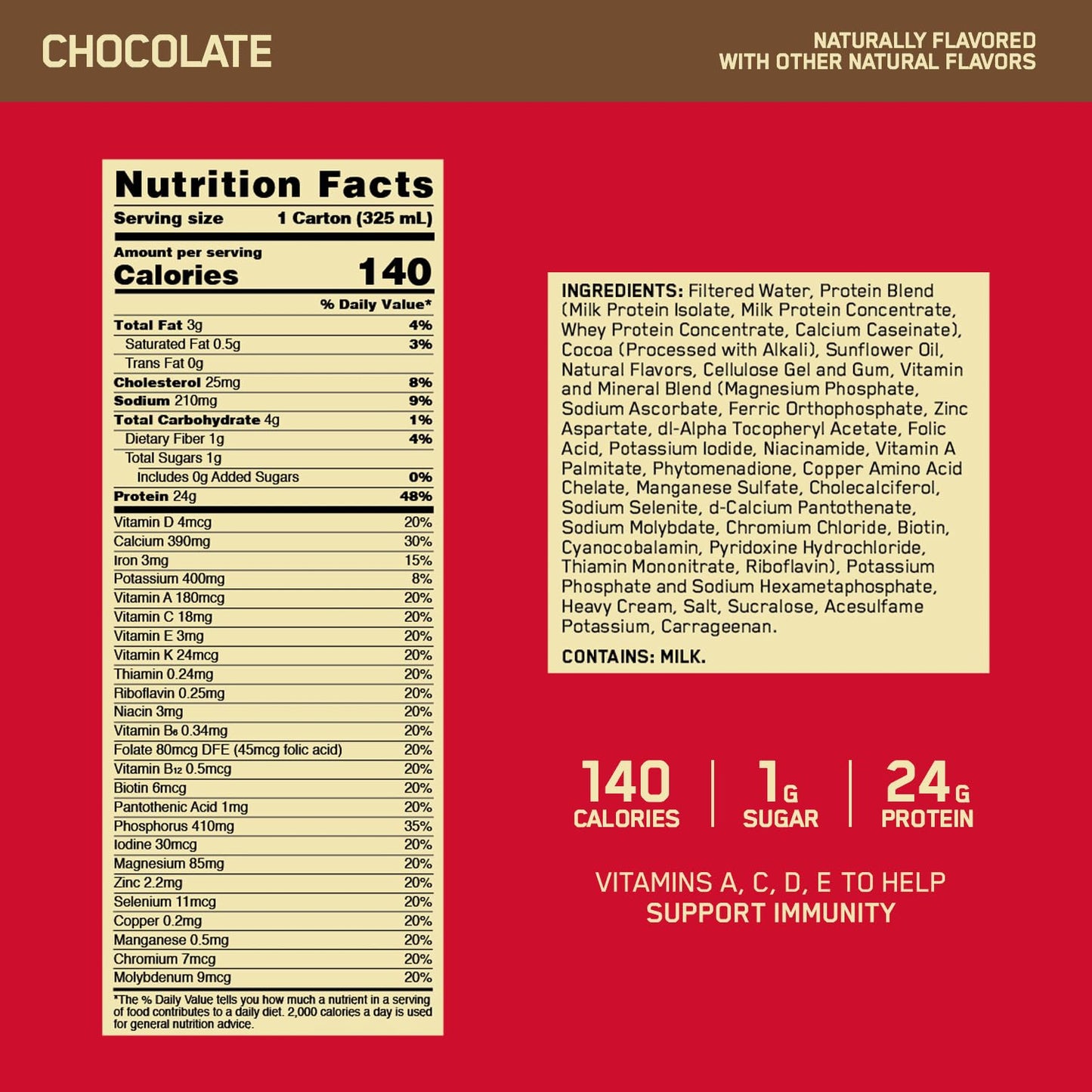 Optimum Nutrition Gold Standard Shake de Proteína, 24g Proteína, Shake Listo para Beber, Gluten Free, Chocolate, 12 Count