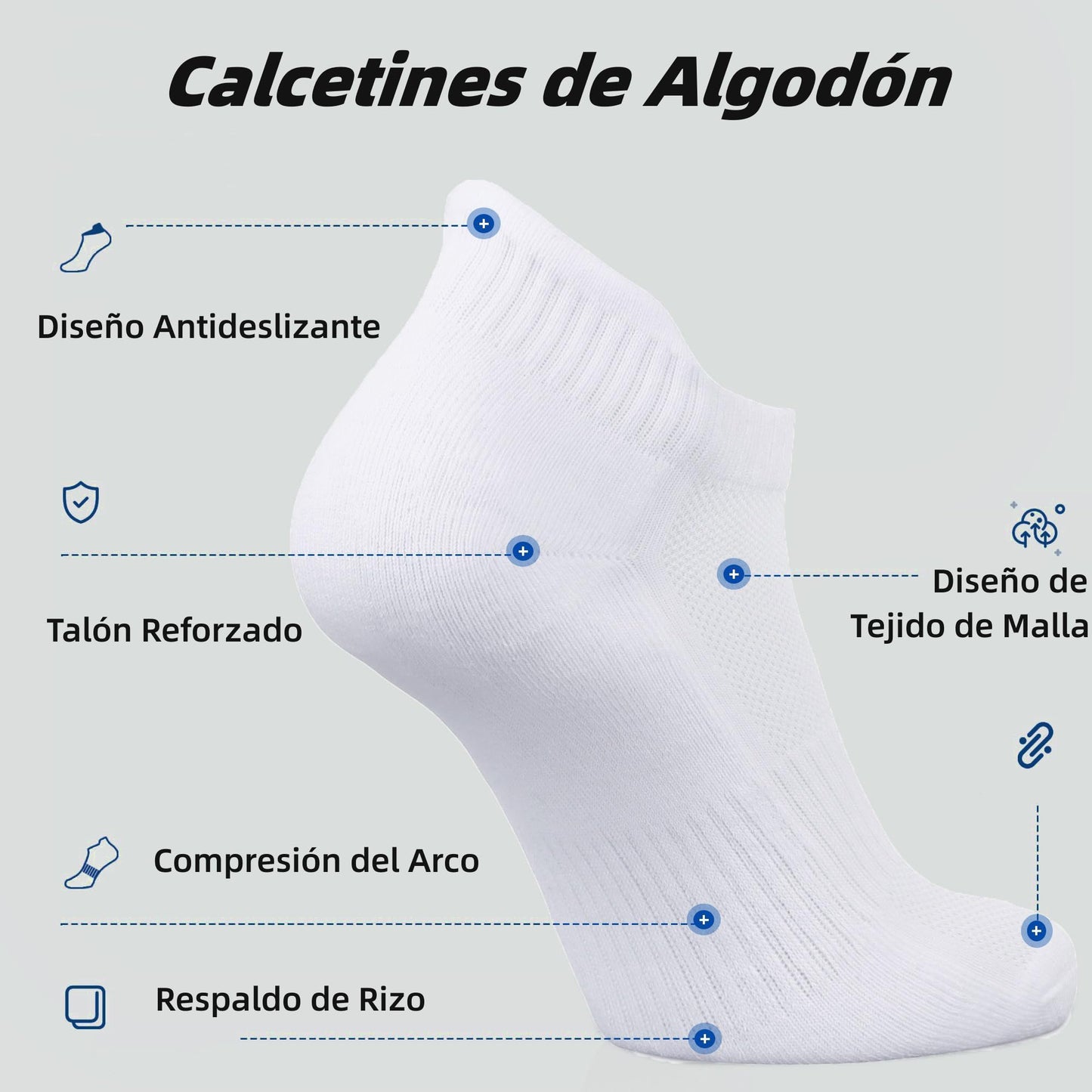 6 Pares Calcetines Deportivos para Hombre y Mujer, Calcetines Tobilleros de Algodón, Calcetas Antideslizantes Duradero, Tines Corte Bajo Transpirable, Calcetas para Correr (Blanco L)