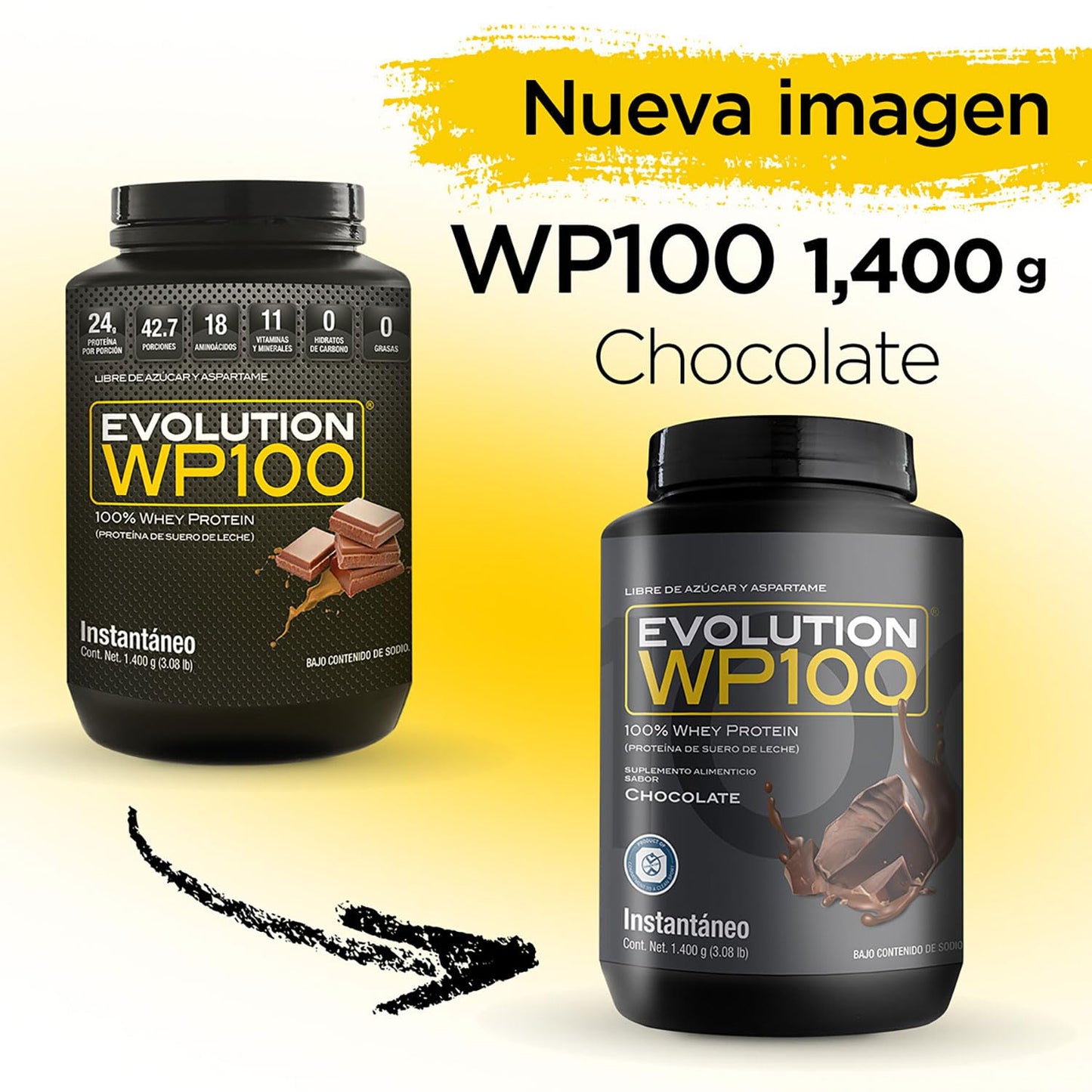 EVOLUTION, Proteína de Suero de Leche, WP100, Whey Protein, 18 Aminoácidos, Sin Gluten, Sugar Free, Post Workout, Sabor Chocolate, 42.7 Porciones, 1400g