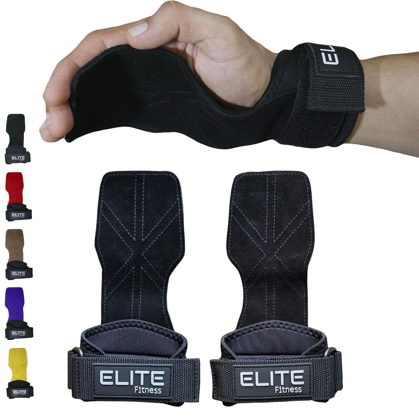 Elite Fitness Calleras de Cuero para Gimnasio, Protectores de Mano Tipo Straps, Ideales para Crossfit y Levantamiento de Pesas (Negro)