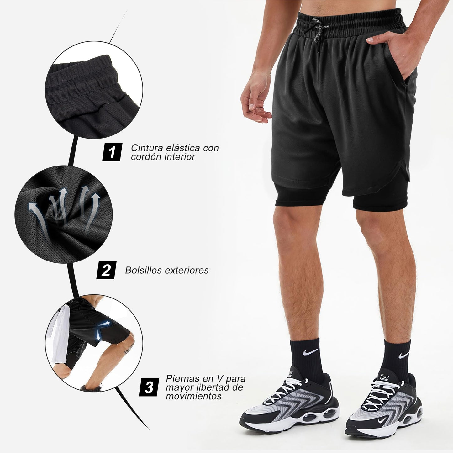 Paquete de 2 Shorts Deportivos Hombre, Pantalones Cortos para Correr 2 en 1, con Bolsillo, Secado Rápido y Transpirable, Pantalón Cortos Casual Hombre con Licra, para Running, Gym, Entrenamiento-L