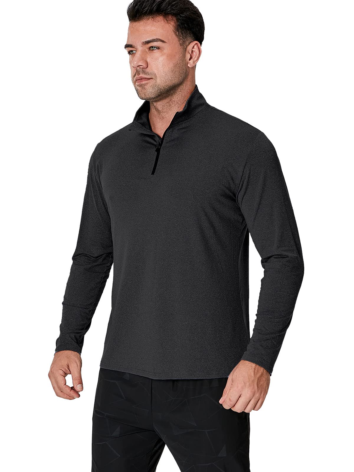 MANSDOUR Camisetas Deportivas activas de Secado rápido para Hombre, con Cremallera de un Cuarto, de Manga Larga, para Correr, para Exteriores, Negro, Large