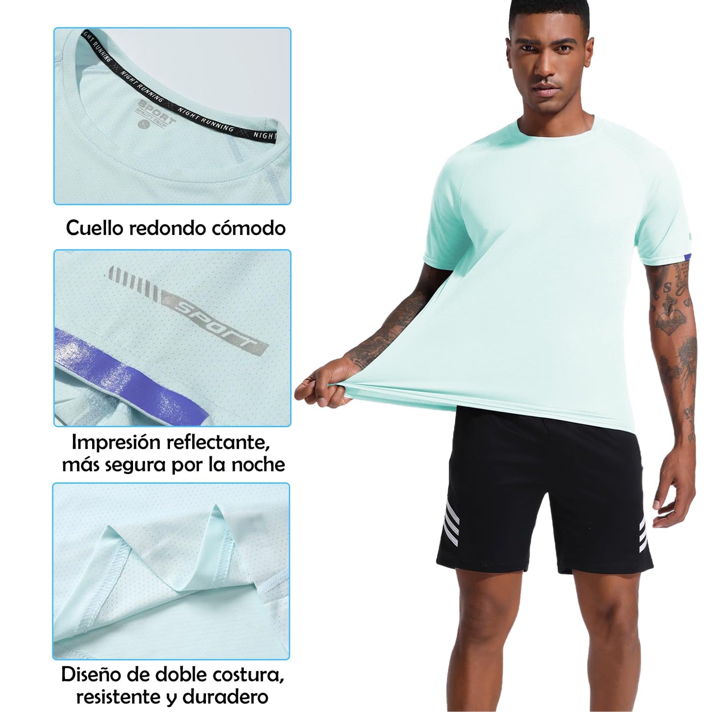3 piezas Ropa Deportiva de Manga Corta para Hombre, Camisas Deportivas Hombre de Manga Corta que Absorbe la Humedad y seca Rápidamente (MX/US, Alfa, Grande, Regular, Regular, Blanco+Negro+Azul)