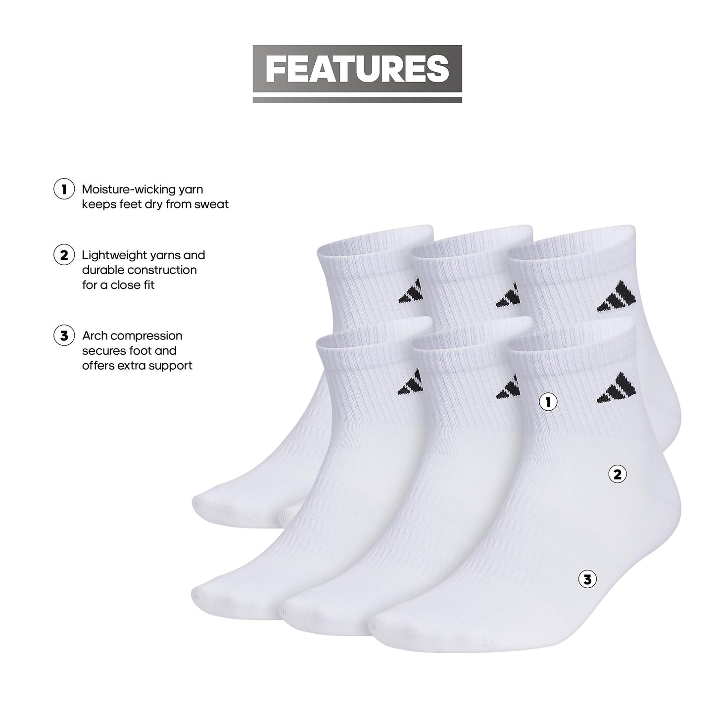 adidas Superlite - Calcetines para hombre, paquete de 6, duraderos, ligeros, atléticos, transpirables con soporte de arco de compresión, Blanco/Negro, Large