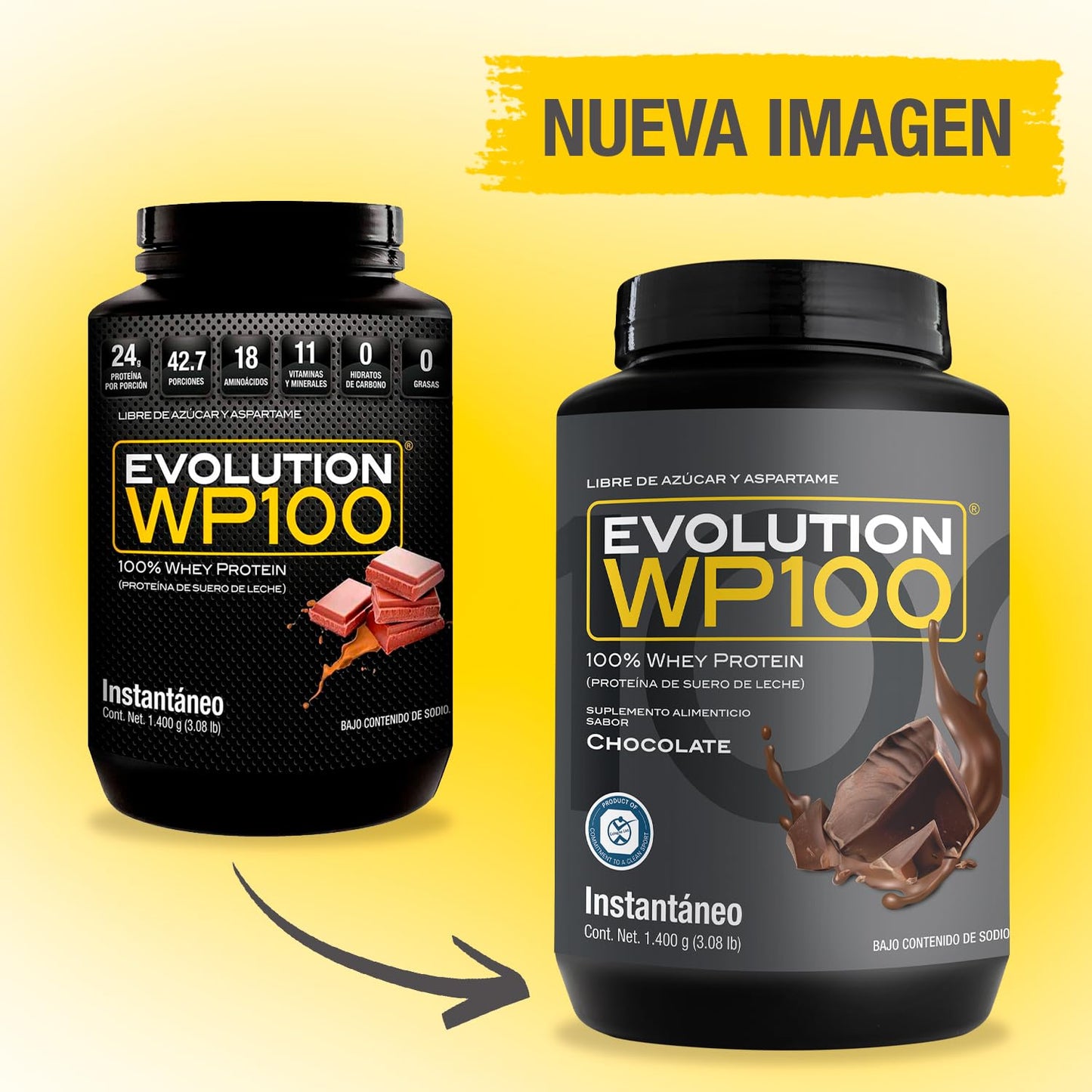 EVOLUTION, Proteína de Suero de Leche, WP100, Whey Protein, 18 Aminoácidos, Sin Gluten, Sugar Free, Post Workout, Sabor Chocolate, 42.7 Porciones, 1400g