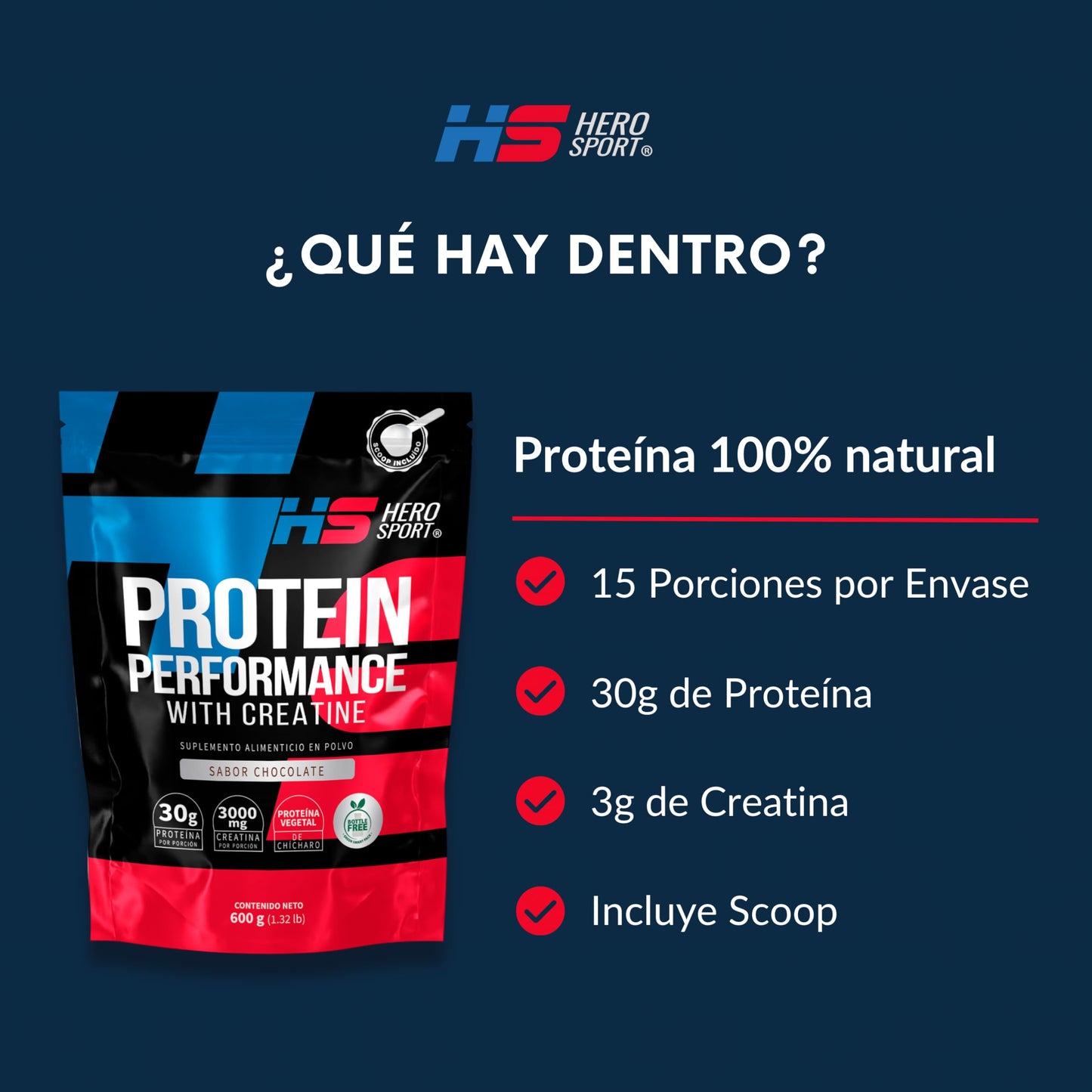 HS HERO SPORT Proteina Chocolate 600g con Creatina. Proteina Vegana 30g, Creatina Monohidratada 3g. 45 Porciones, Scoop Incluído dentro del envase, Bottle Free.
