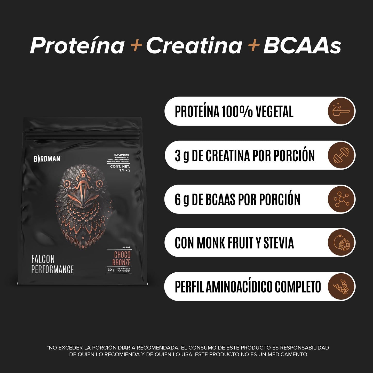 Birdman Falcon Performance Proteina Premium Alto Rendimiento En Polvo, 30gr proteina y 3gr Creatina por porción, Sin Inflamacion, Sin Acne, Sabor Choco Bronze | 50 servicios | 1.9kg