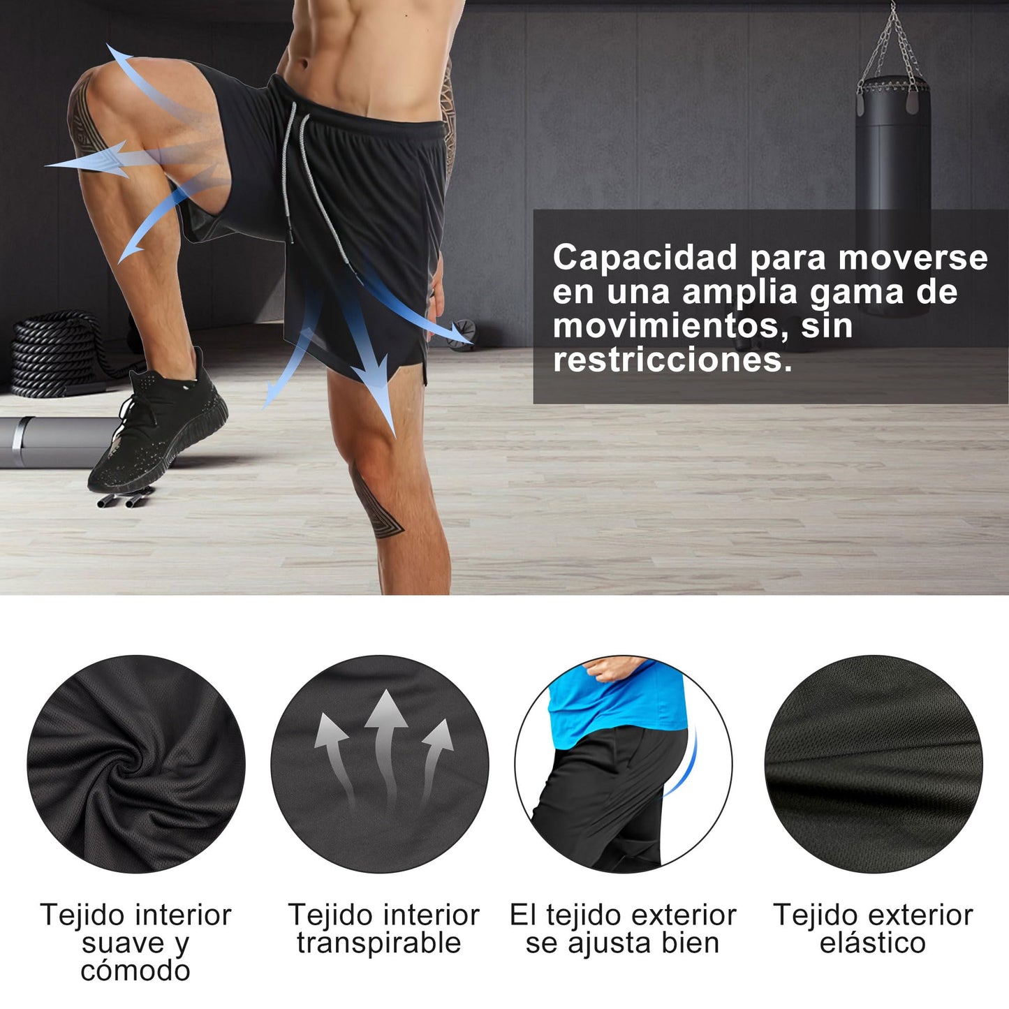 Paquete de 2 Shorts Deportivos Hombre, Pantalones Cortos para Correr 2 en 1, con Bolsillo, Secado Rápido y Transpirable, Pantalón Cortos Casual Hombre con Licra, para Running, Gym, Entrenamiento-L