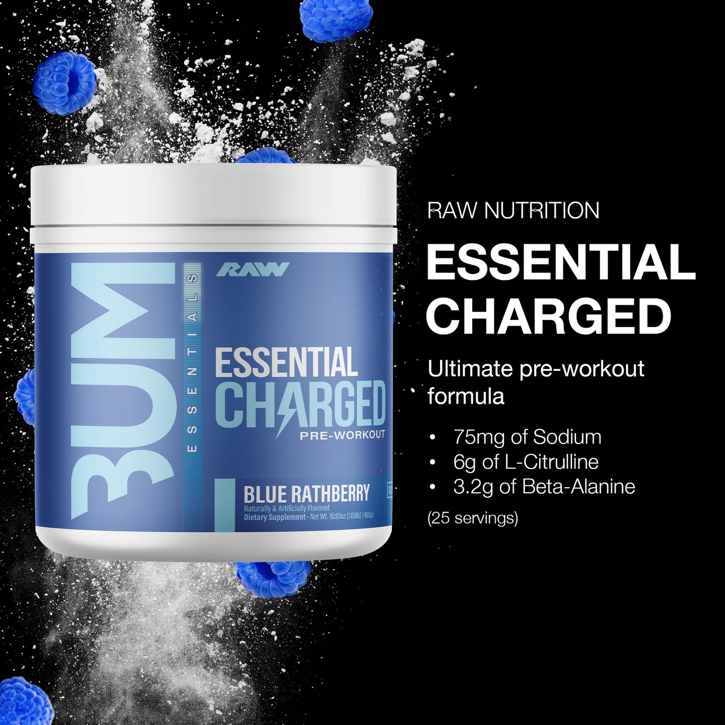RAW Polvo de pre-entrenamiento, Essential CHARGED (azul Rathberry) - Suplemento preentrenamiento para hombres y mujeres - Apoya la concentración, el estado de ánimo y el rendimiento - cafeína,