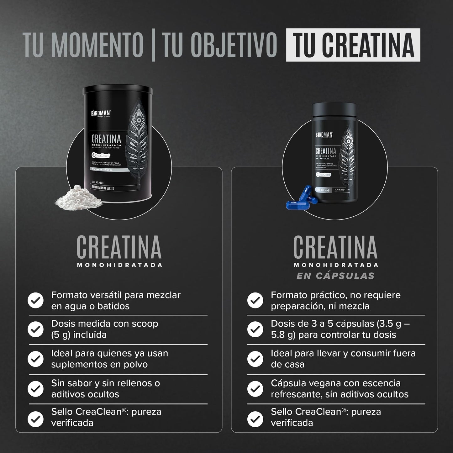 BIRDMAN Creatina Monohidratada de Alta Pureza En Polvo Sin Sabor, Preworkout, Alto Rendimiento | 90 Servicios | 450g.