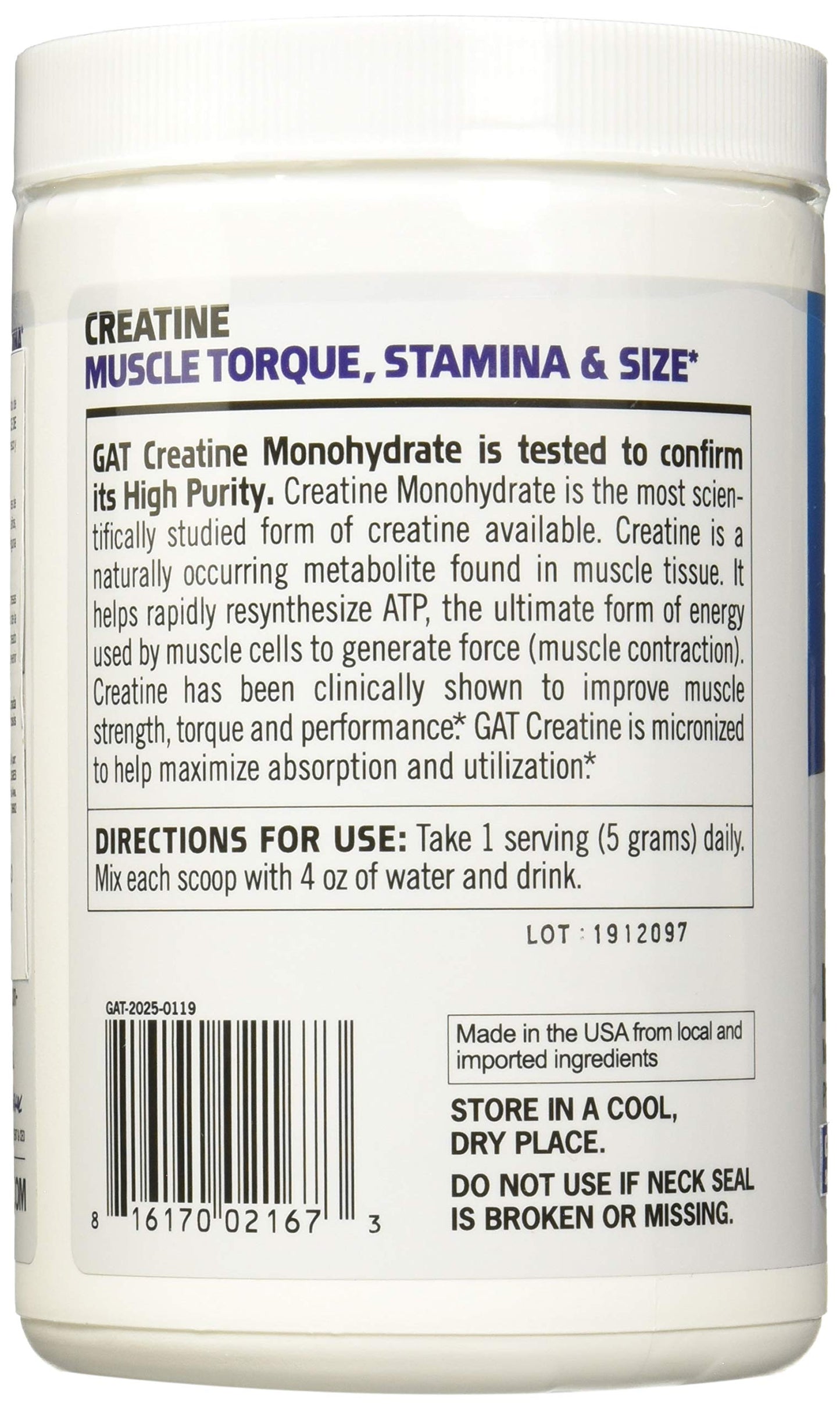 GAT SPORT 100% Monohidrato de creatina en polvo - 300 gr - 60 porciones - Para hombres y mujeres - Sin Sabor - 100'% Creatina Micronizada de alta pureza
