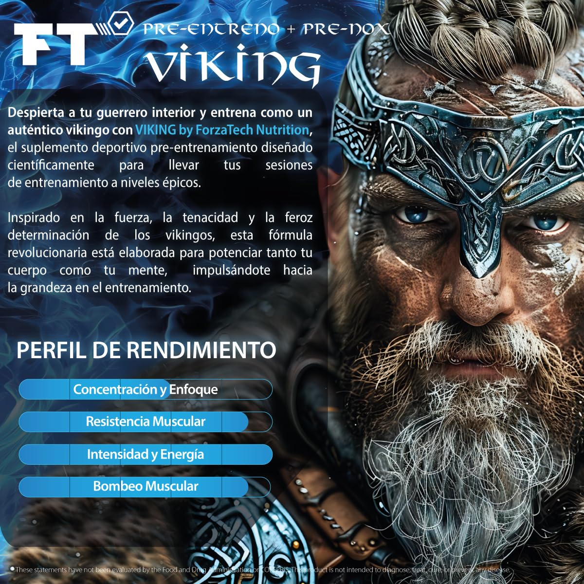 Pre Workout Pre Entrenamiento VIKING ForzaTech 60 servicios Sabor Blueboost Precursor de Óxido Nítrico con Cafeína USP, Citrulina, Beta Alanina, Agmantina Sulfato, L-Taurina Micronizada