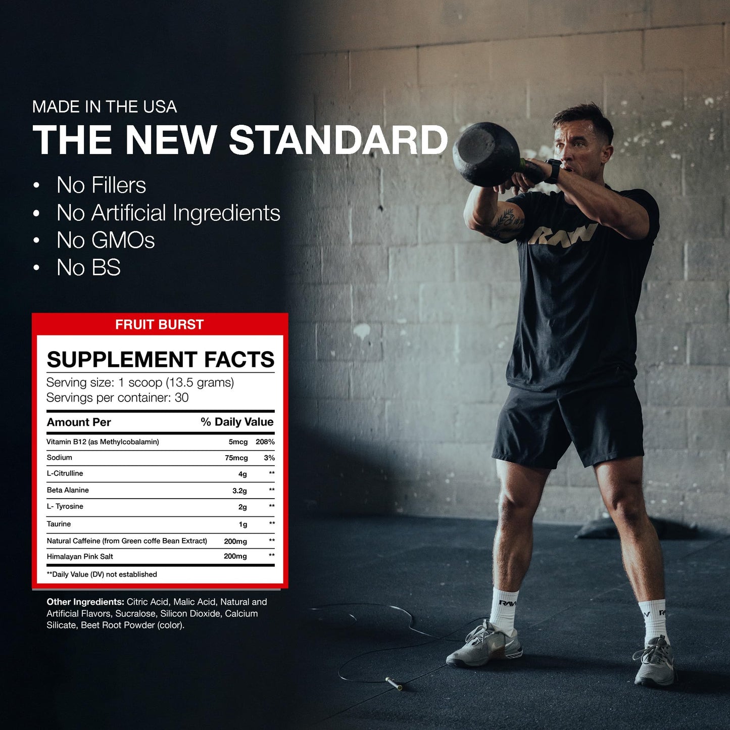 RAW Nutrición - Fórmula esencial para antes del entrenamiento de Chris Bumstead, polvos de nutrición deportiva para preentrenamiento | Bebida para hombres y mujeres, polvo energético para entrenar (Fruit Burst)