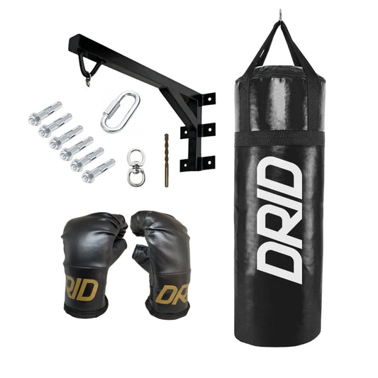 Drid Basics Boxeo Completo Saco Costal de Box Lleno de con Soporte Premium de Pared + Kit Instalación y Enganche Incluidos Pared, Negro, Mayores 12 años