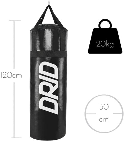 Drid Basics Boxeo Completo Saco Costal de Box Lleno de con Soporte Premium de Pared + Kit Instalación y Enganche Incluidos Pared, Negro, Mayores 12 años