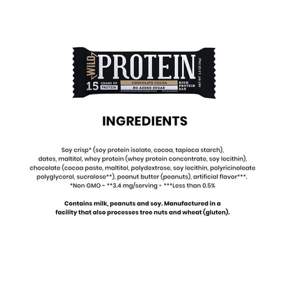 Wild Protein | Barras altas en proteína | Sabor chocolate | Pack de 16 unidades | 15 g de proteína | Sin azúcares ni grasa añadida | 45 g cada barra