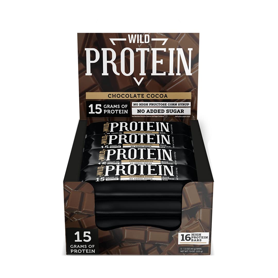 Wild Protein | Barras altas en proteína | Sabor chocolate | Pack de 16 unidades | 15 g de proteína | Sin azúcares ni grasa añadida | 45 g cada barra