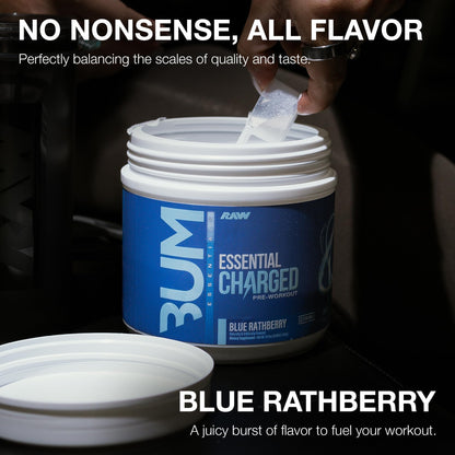 RAW Polvo de pre-entrenamiento, Essential CHARGED (azul Rathberry) - Suplemento preentrenamiento para hombres y mujeres - Apoya la concentración, el estado de ánimo y el rendimiento - cafeína,