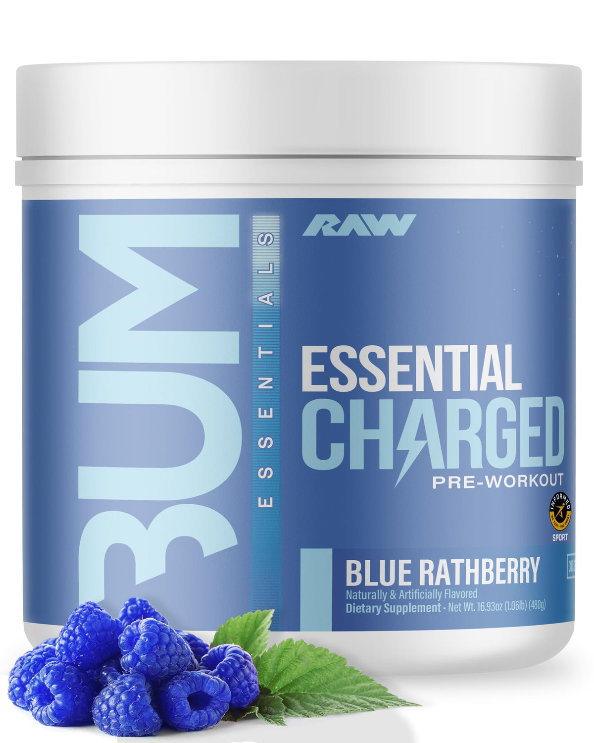 RAW Polvo de pre-entrenamiento, Essential CHARGED (azul Rathberry) - Suplemento preentrenamiento para hombres y mujeres - Apoya la concentración, el estado de ánimo y el rendimiento - cafeína,