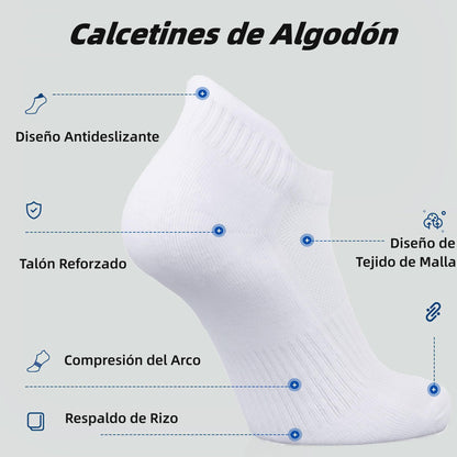 6 Pares Calcetines Deportivos para Hombre y Mujer, Calcetines Tobilleros de Algodón, Calcetas Antideslizantes Duradero, Tines Corte Bajo Transpirable, Calcetas para Correr (Blanco L)