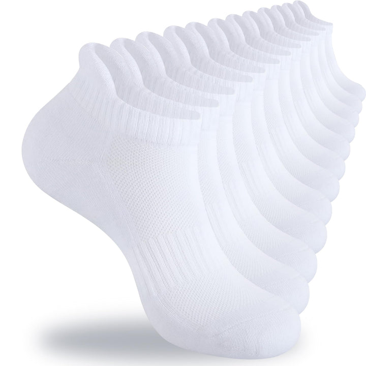 6 Pares Calcetines Deportivos para Hombre y Mujer, Calcetines Tobilleros de Algodón, Calcetas Antideslizantes Duradero, Tines Corte Bajo Transpirable, Calcetas para Correr (Blanco L)