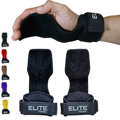 Elite Fitness Calleras de Cuero para Gimnasio, Protectores de Mano Tipo Straps, Ideales para Crossfit y Levantamiento de Pesas (Negro)