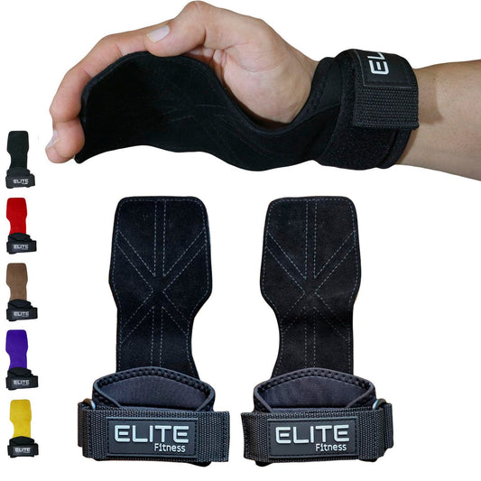 Elite Fitness Calleras de Cuero para Gimnasio, Protectores de Mano Tipo Straps, Ideales para Crossfit y Levantamiento de Pesas (Negro)