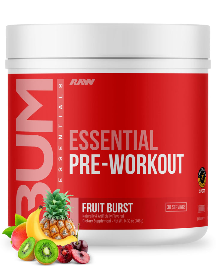RAW Nutrición - Fórmula esencial para antes del entrenamiento de Chris Bumstead, polvos de nutrición deportiva para preentrenamiento | Bebida para hombres y mujeres, polvo energético para entrenar (Fruit Burst)