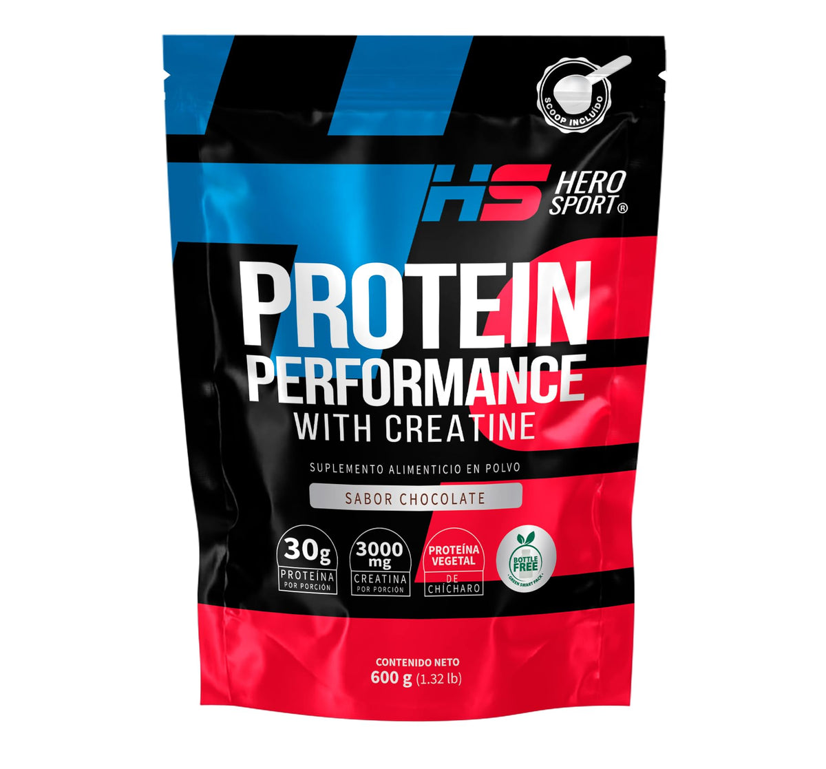 HS HERO SPORT Proteina Chocolate 600g con Creatina. Proteina Vegana 30g, Creatina Monohidratada 3g. 45 Porciones, Scoop Incluído dentro del envase, Bottle Free.