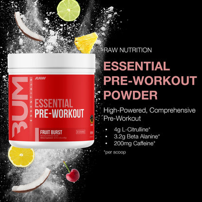 RAW Nutrición - Fórmula esencial para antes del entrenamiento de Chris Bumstead, polvos de nutrición deportiva para preentrenamiento | Bebida para hombres y mujeres, polvo energético para entrenar (Fruit Burst)