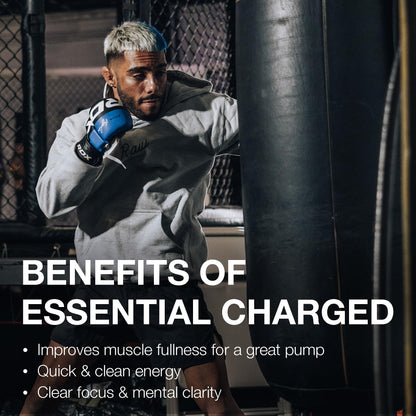 RAW Polvo de pre-entrenamiento, Essential CHARGED (azul Rathberry) - Suplemento preentrenamiento para hombres y mujeres - Apoya la concentración, el estado de ánimo y el rendimiento - cafeína,